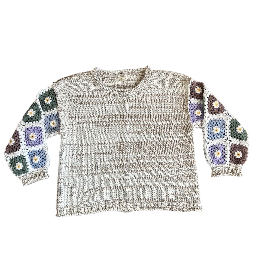 POL‎ Granny Square Crochet Sleeve Sweater Cream Tan Floral Boho Large hippy